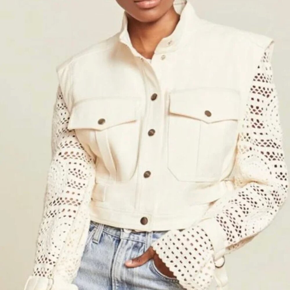 Veronica Beard Cream Crochet-Sleeve Jean Jacket